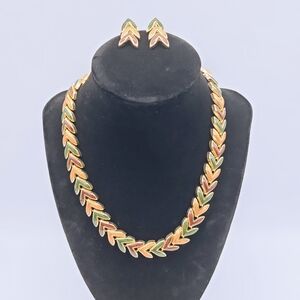Vintage Multicolor Enamel Chevron Necklace Set Gold Tone